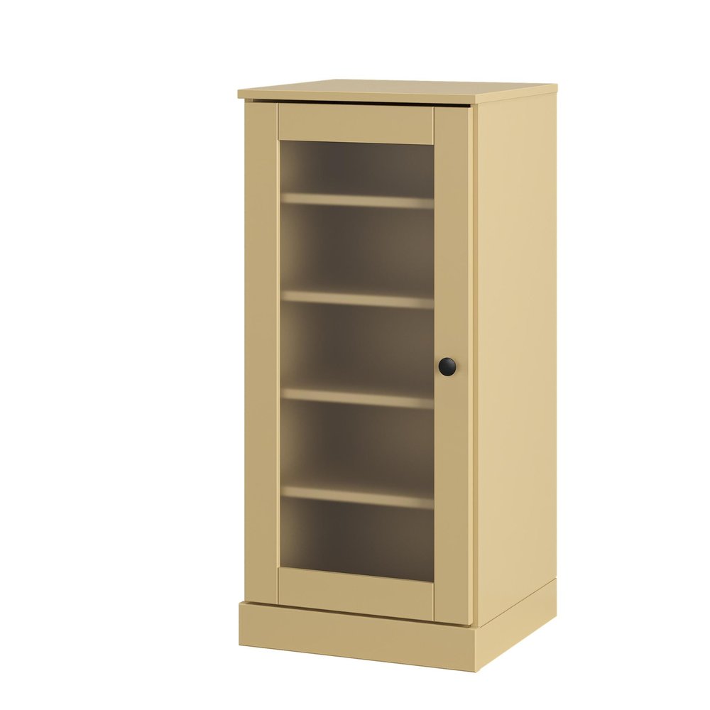 Yellow solid wood shoe storage cabinet with a glass door and four shelves, shown against a white background.