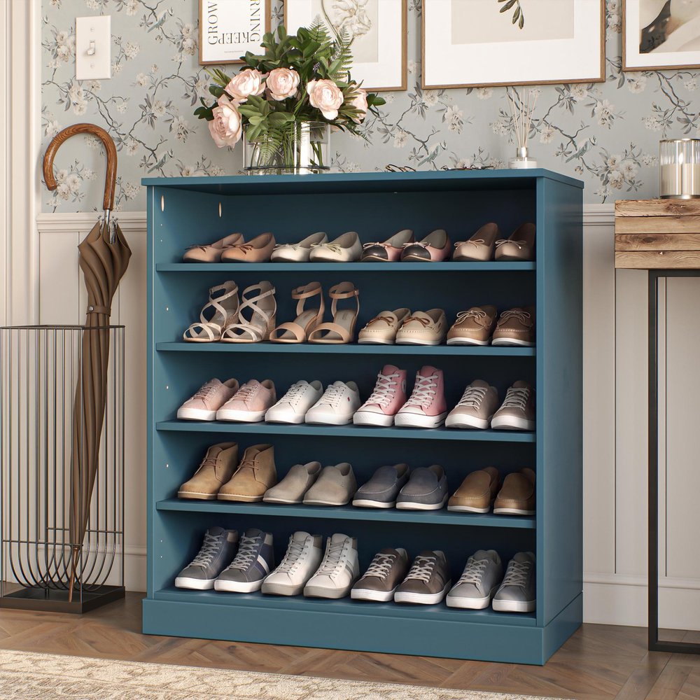 Teal Blue Twenty Pair Solid WoodShoe Storage Cabinet in a home interior