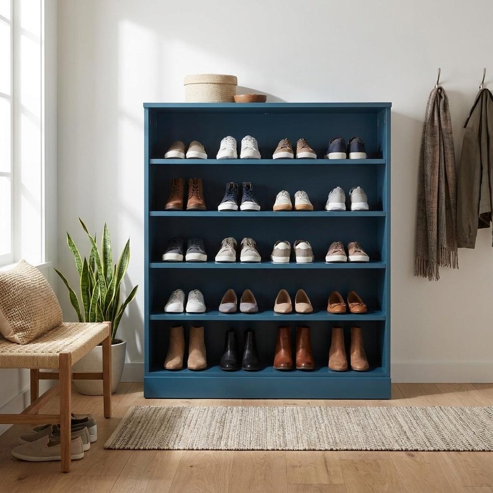 Teal Blue Twenty Pair Solid WoodShoe Storage Cabinet