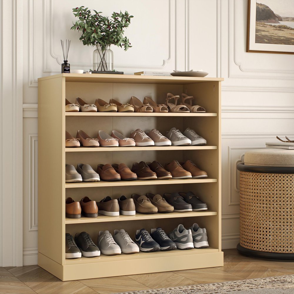 Yellow Twenty Pair Solid WoodShoe Storage Cabinet in a home interior