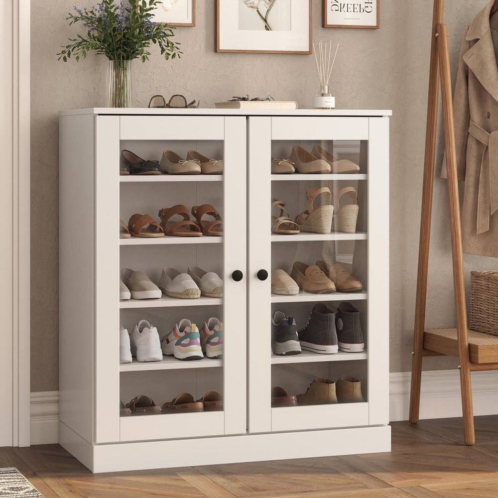 White Twenty Pair Solid WoodShoe Storage Cabinet