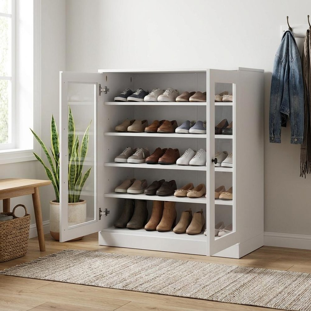White Twenty Pair Solid WoodShoe Storage Cabinet