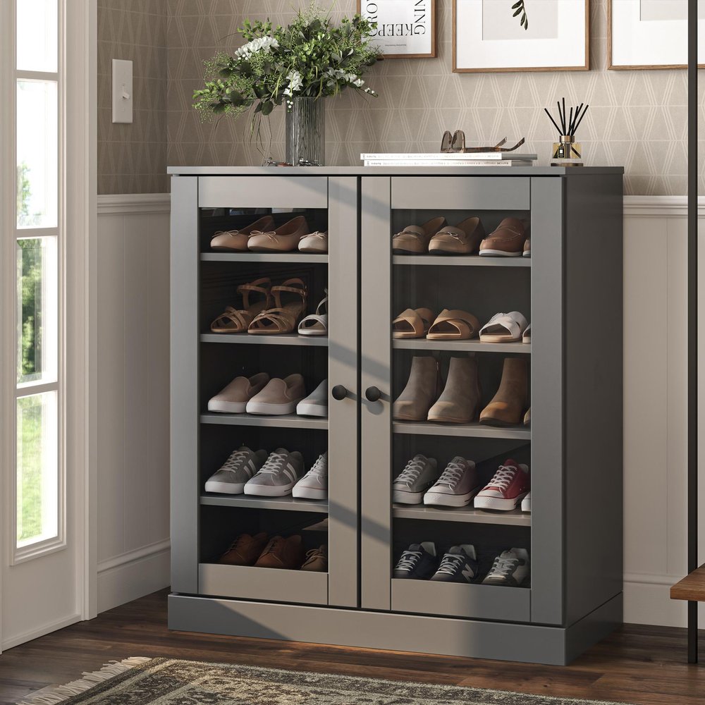 Gray Twenty Pair Solid WoodShoe Storage Cabinet