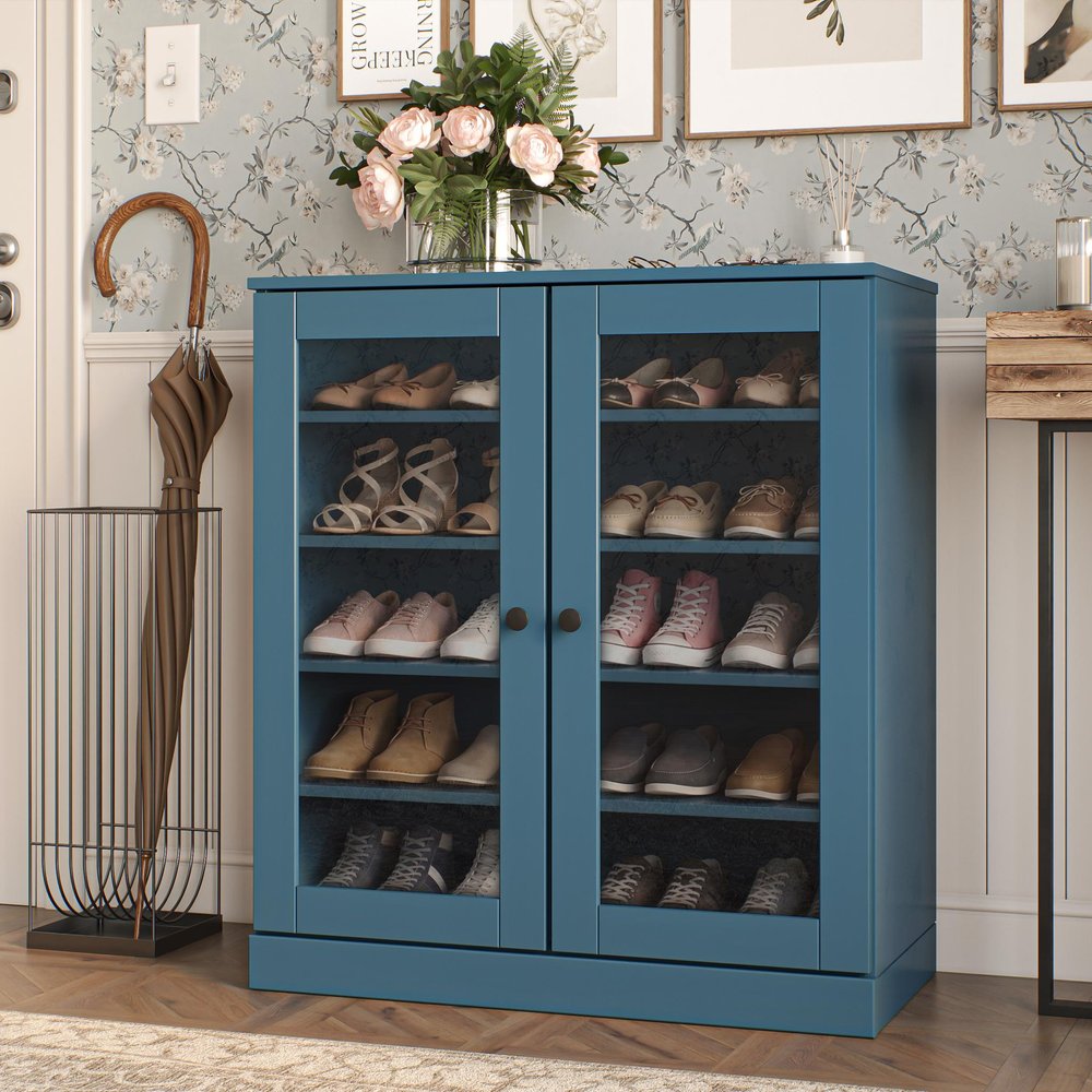 Teal Blue Twenty Pair Solid WoodShoe Storage Cabinet in a home interior