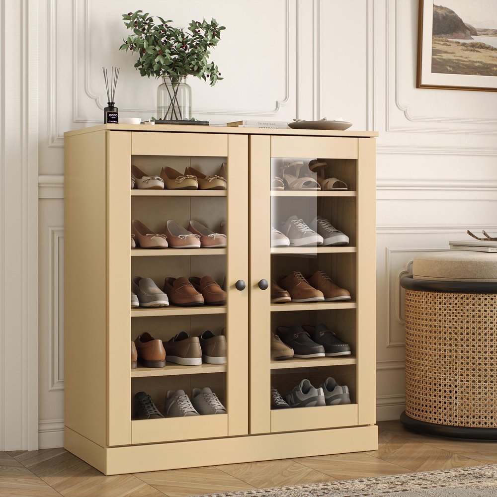 Yellow Twenty Pair Solid WoodShoe Storage Cabinet in a home interior