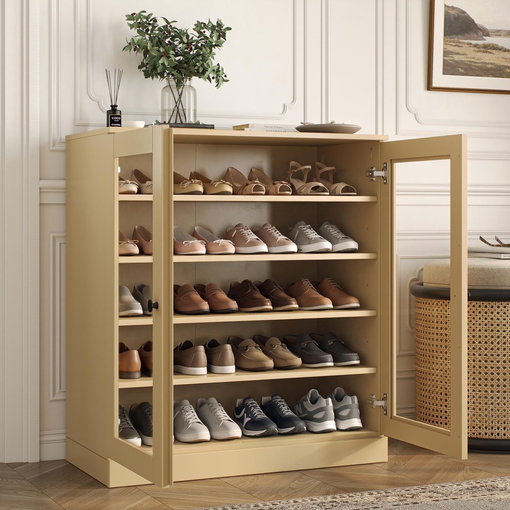Yellow Twenty Pair Solid WoodShoe Storage Cabinet in a home interior