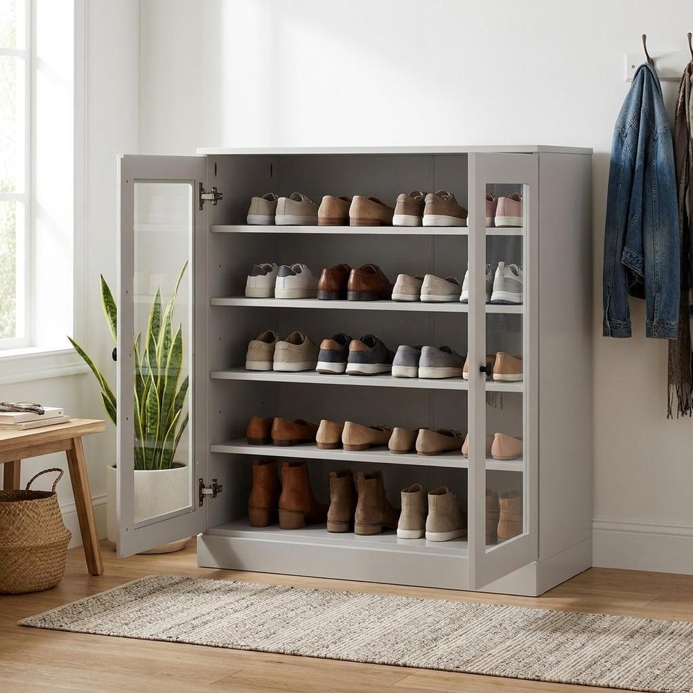 Off White Twenty Pair Solid WoodShoe Storage Cabinet