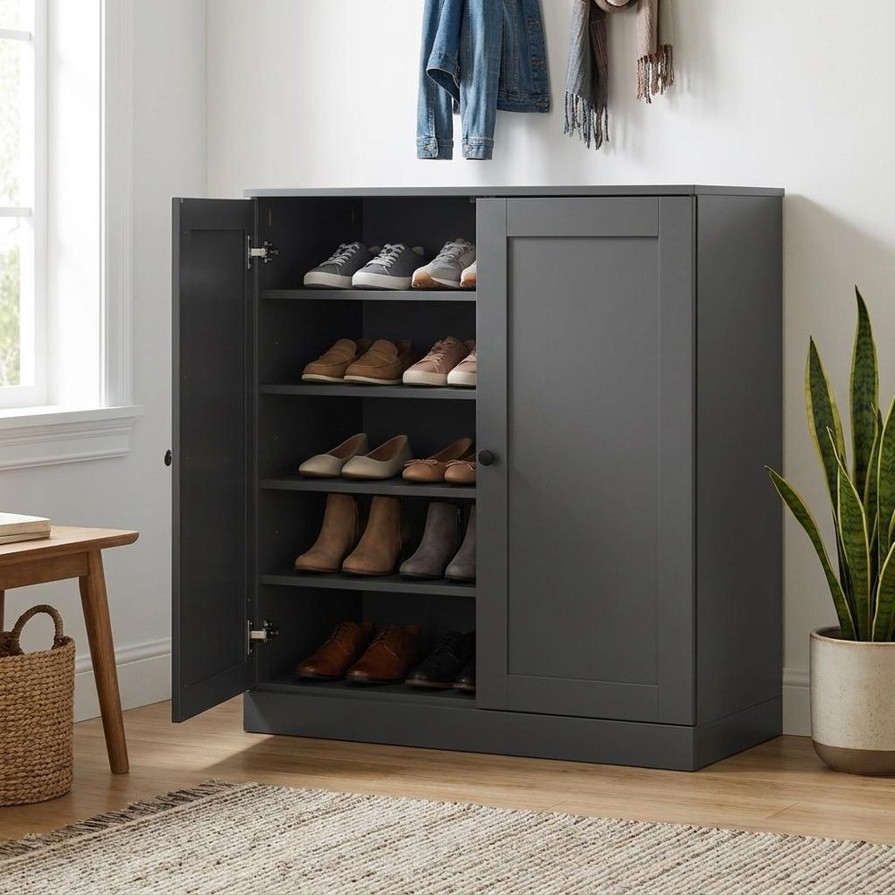 Gray Twenty Pair Solid WoodShoe Storage Cabinet