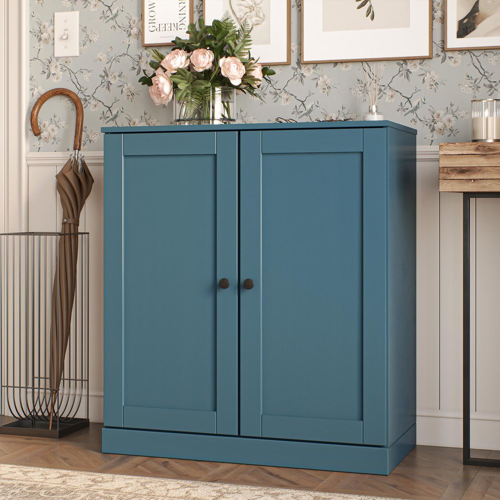 Teal Blue Twenty Pair Solid WoodShoe Storage Cabinet in a home interior