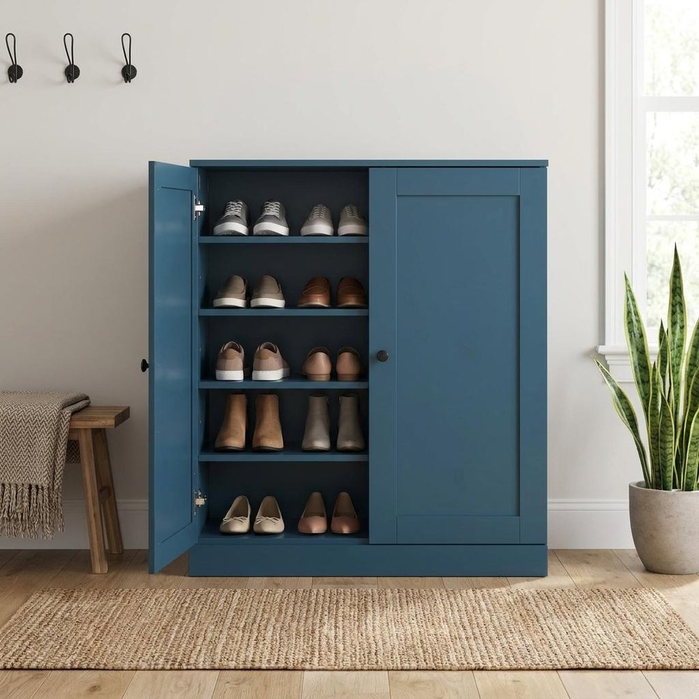 Teal Blue Twenty Pair Solid WoodShoe Storage Cabinet