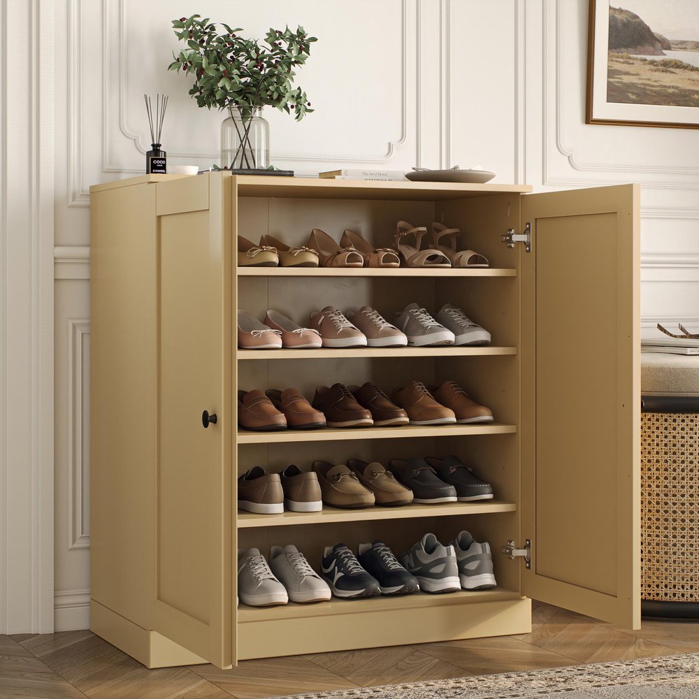 Yellow Twenty Pair Solid WoodShoe Storage Cabinet in a home interior