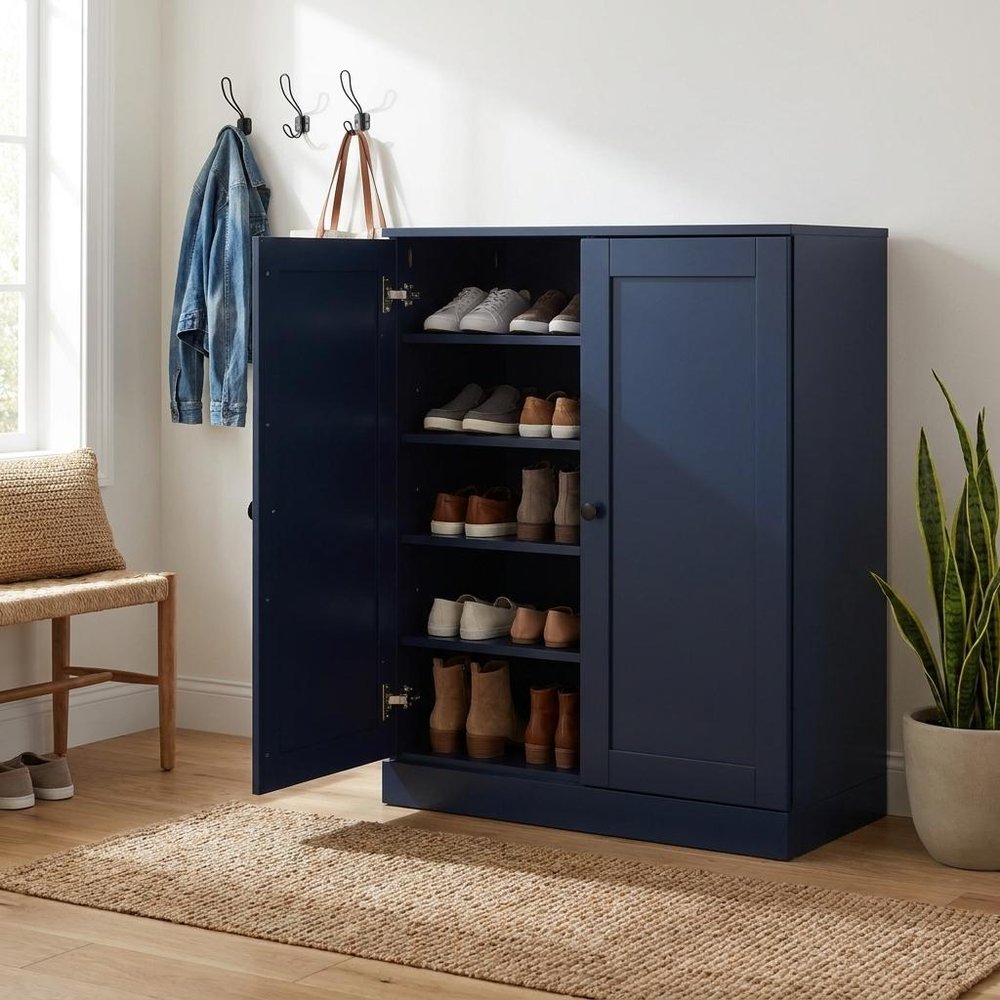Navy Blue Twenty Pair Solid WoodShoe Storage Cabinet