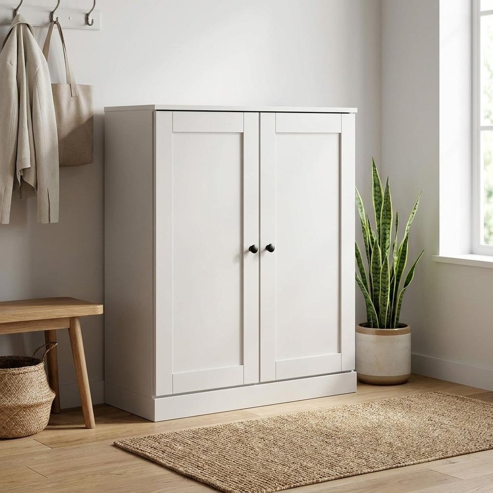 Off White Twenty Pair Solid WoodShoe Storage Cabinet