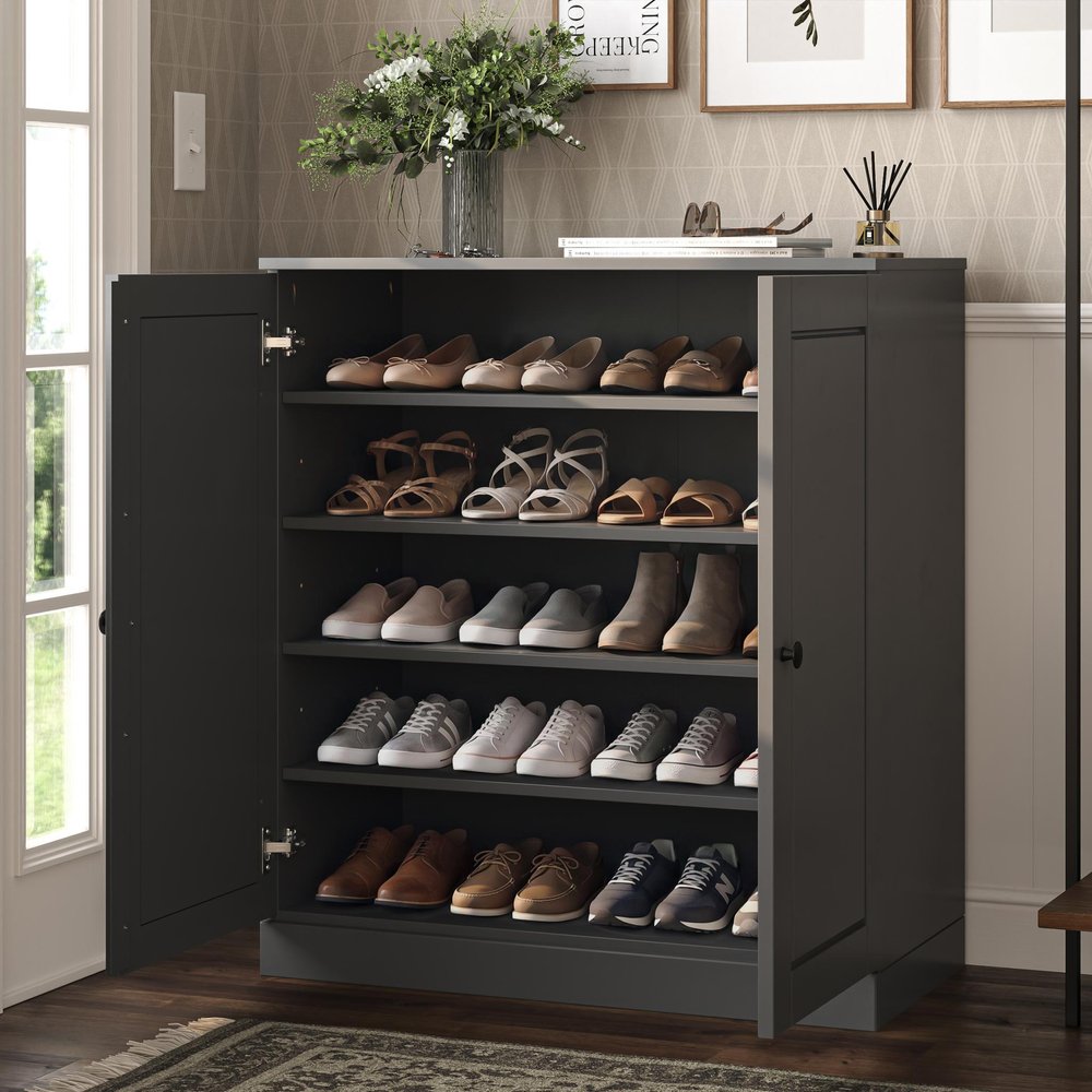Gray Twenty Pair Solid WoodShoe Storage Cabinet