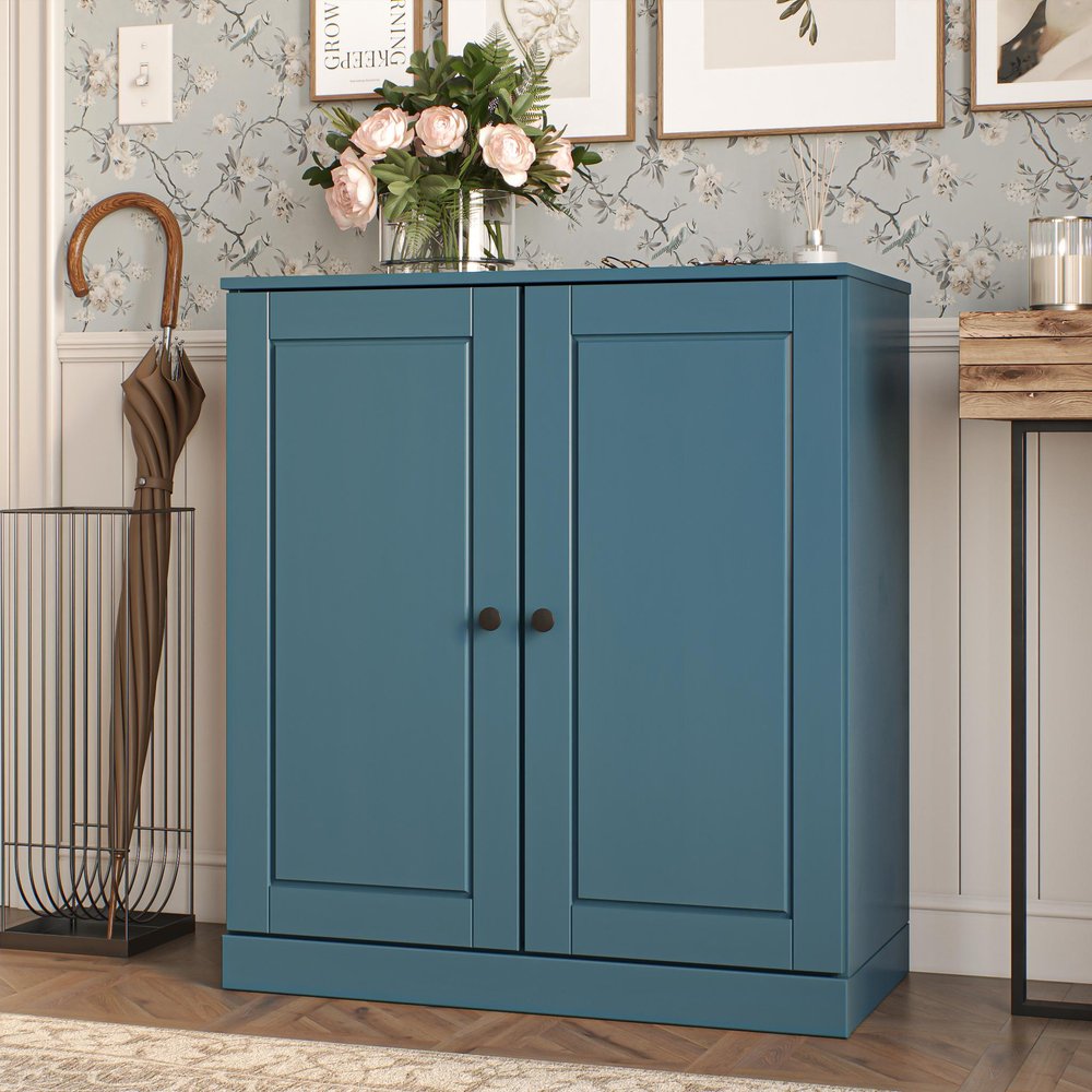 Teal Blue Twenty Pair Solid WoodShoe Storage Cabinet in a home interior
