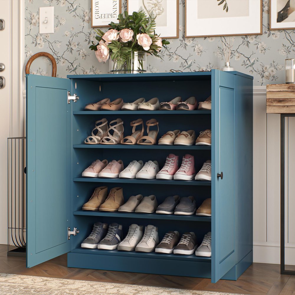 Teal Blue Twenty Pair Solid WoodShoe Storage Cabinet in a home interior