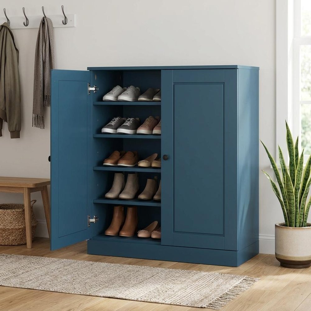 Teal Blue Twenty Pair Solid WoodShoe Storage Cabinet