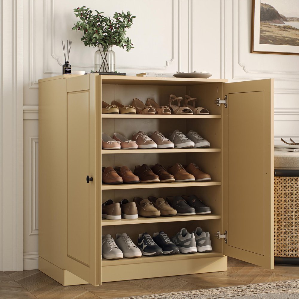 Yellow Twenty Pair Solid WoodShoe Storage Cabinet in a home interior