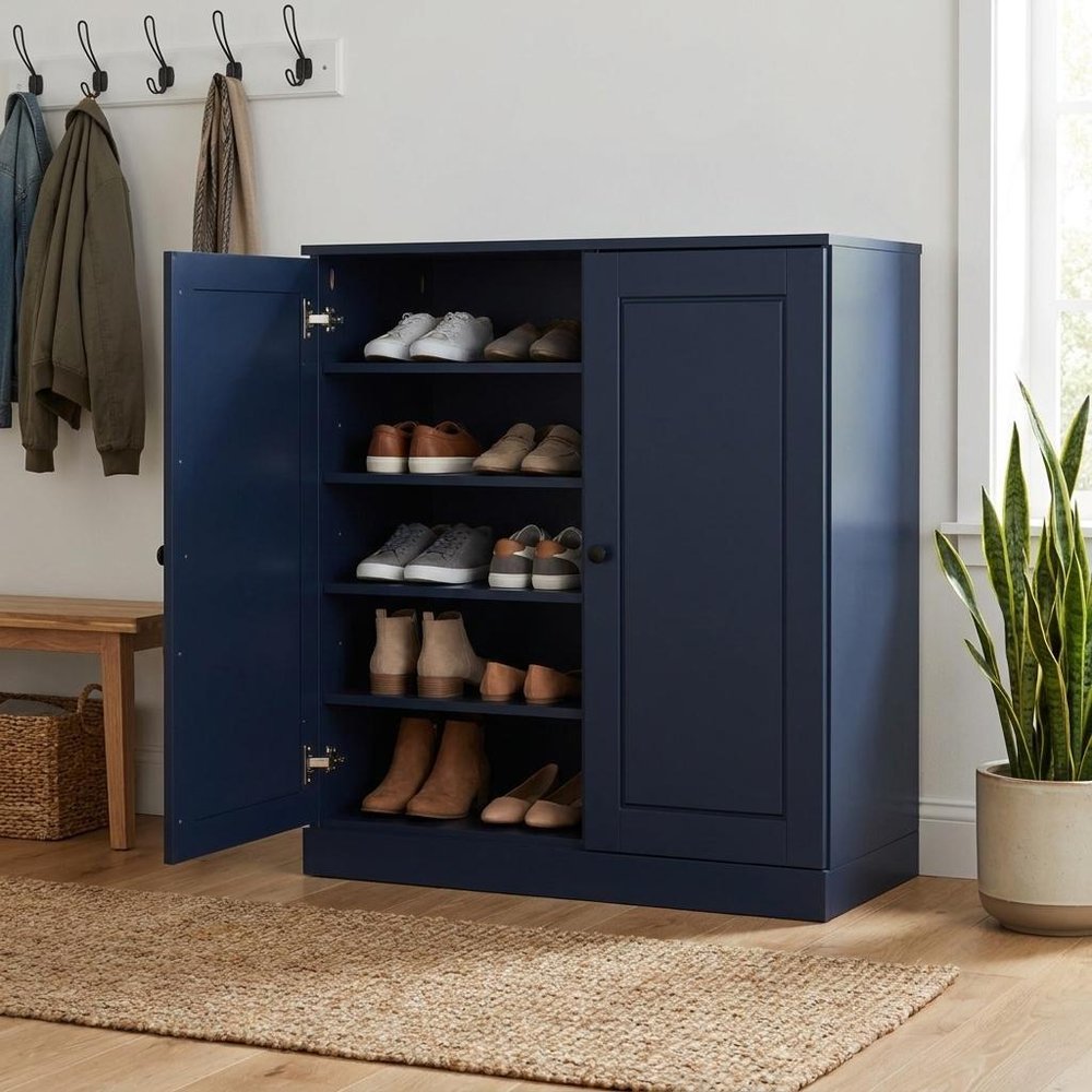 Navy Blue Twenty Pair Solid WoodShoe Storage Cabinet