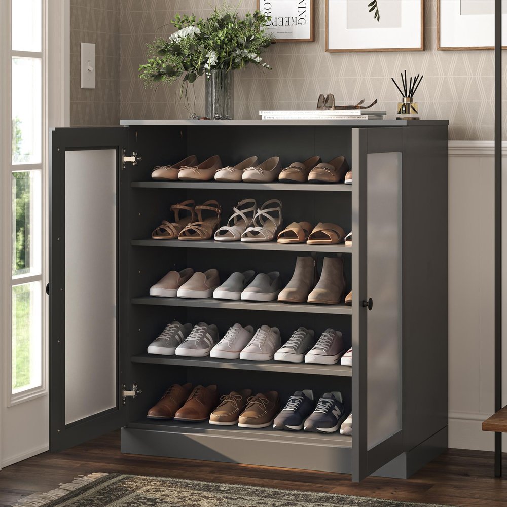 Gray Twenty Pair Solid WoodShoe Storage Cabinet