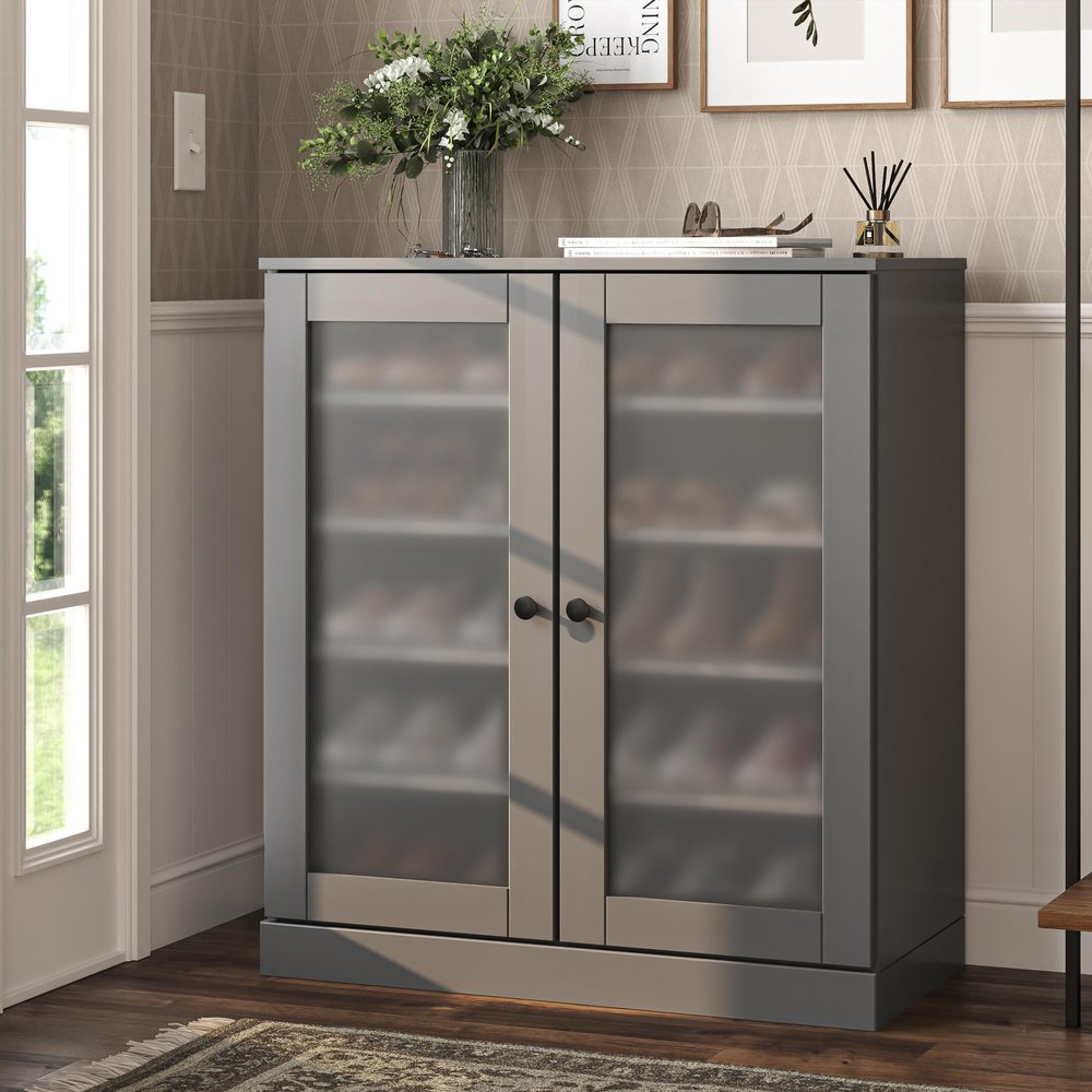 Gray Twenty Pair Solid WoodShoe Storage Cabinet