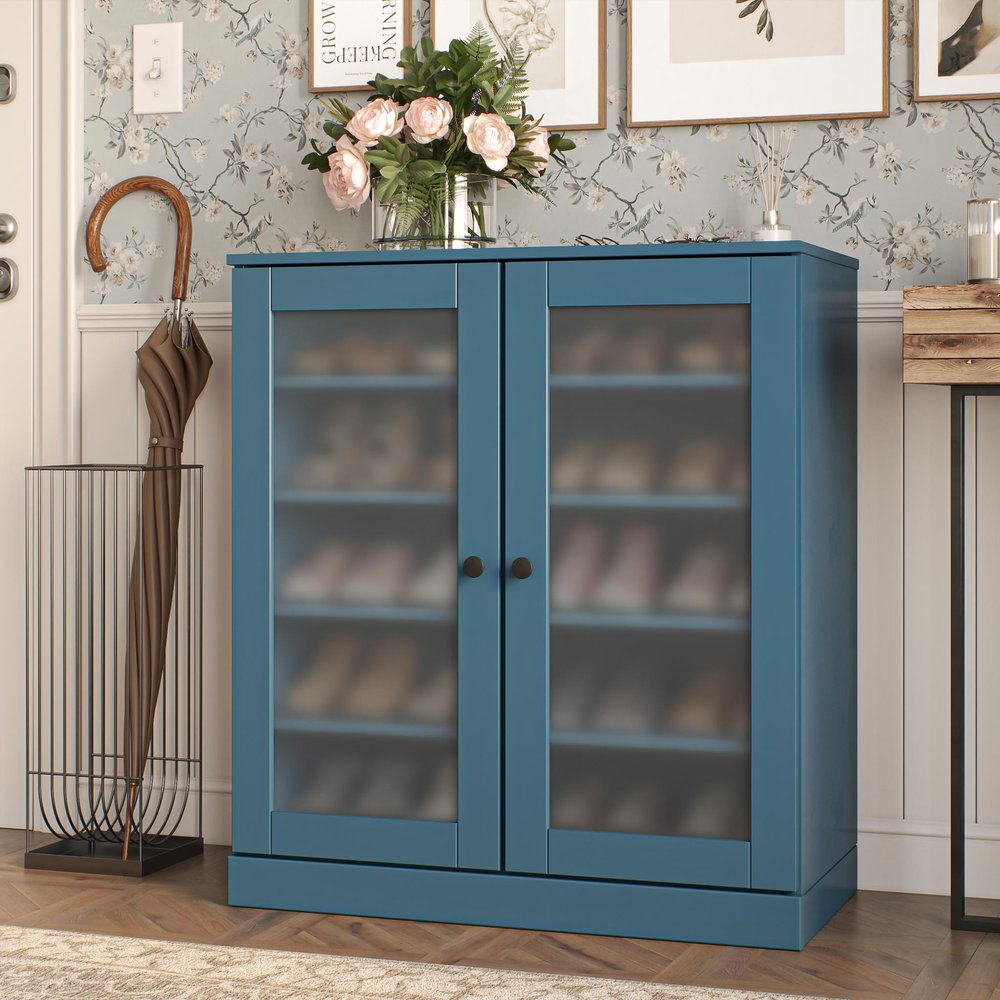 Teal Blue Twenty Pair Solid WoodShoe Storage Cabinet in a home interior