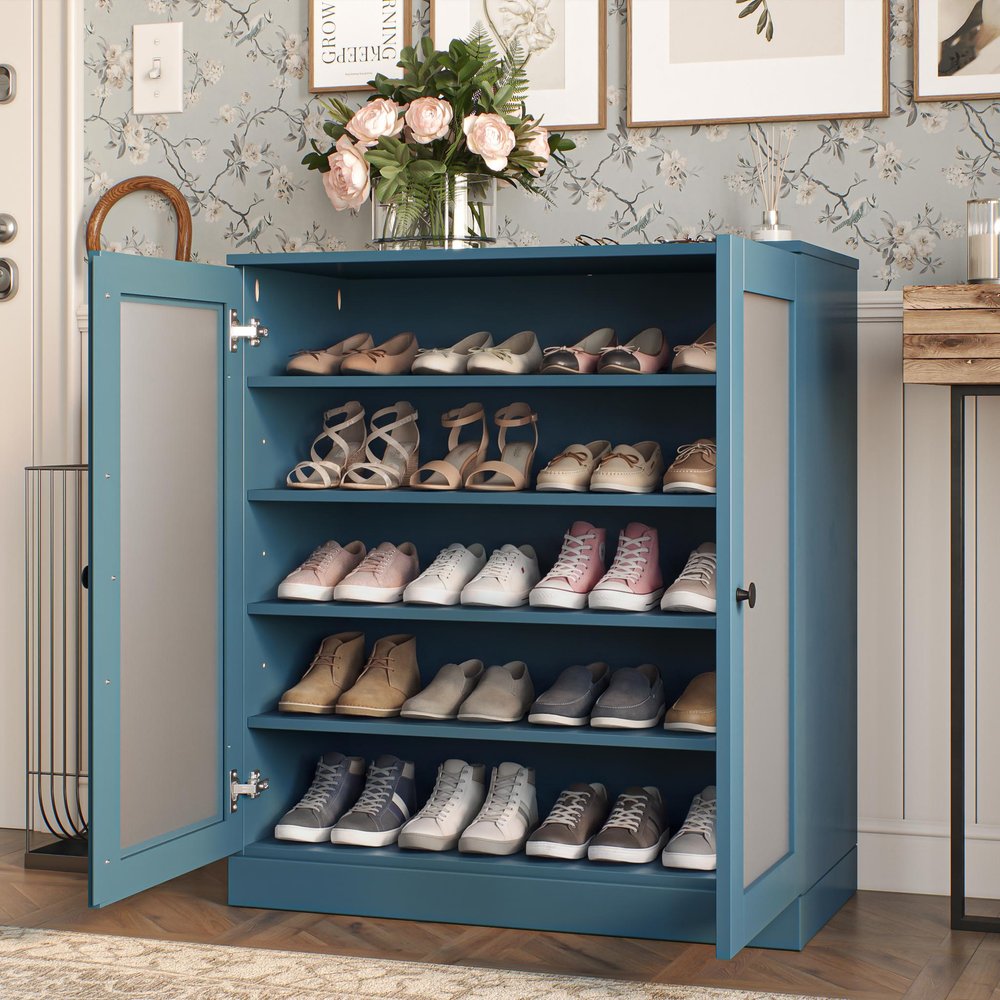 Teal Blue Twenty Pair Solid WoodShoe Storage Cabinet in a home interior