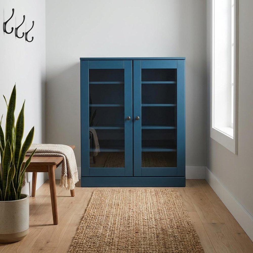 Teal Blue Twenty Pair Solid WoodShoe Storage Cabinet in a home interior