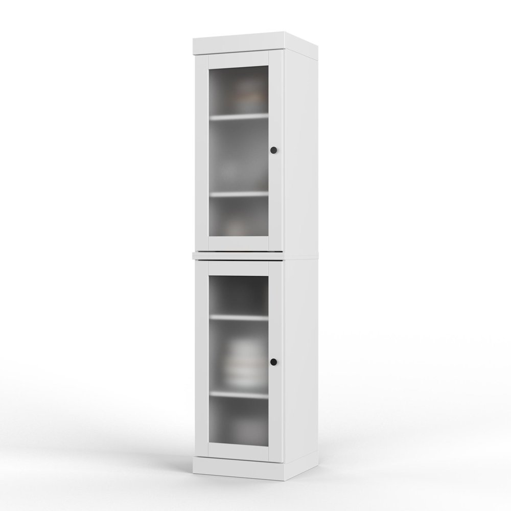 White two-door tall storage cabinet with frosted glass doors and shelves, on a white background.