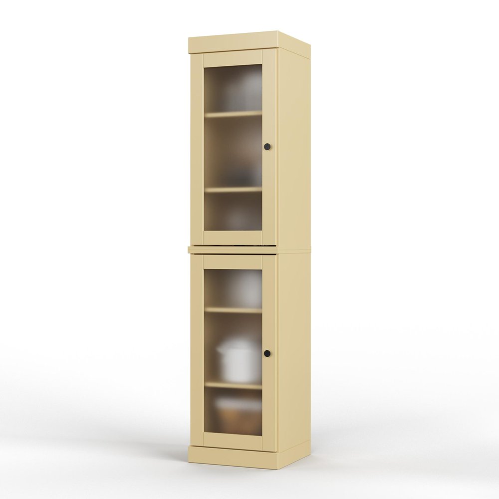 Tall yellow two-door storage closet with glass doors and shelves, shown against a white background.
