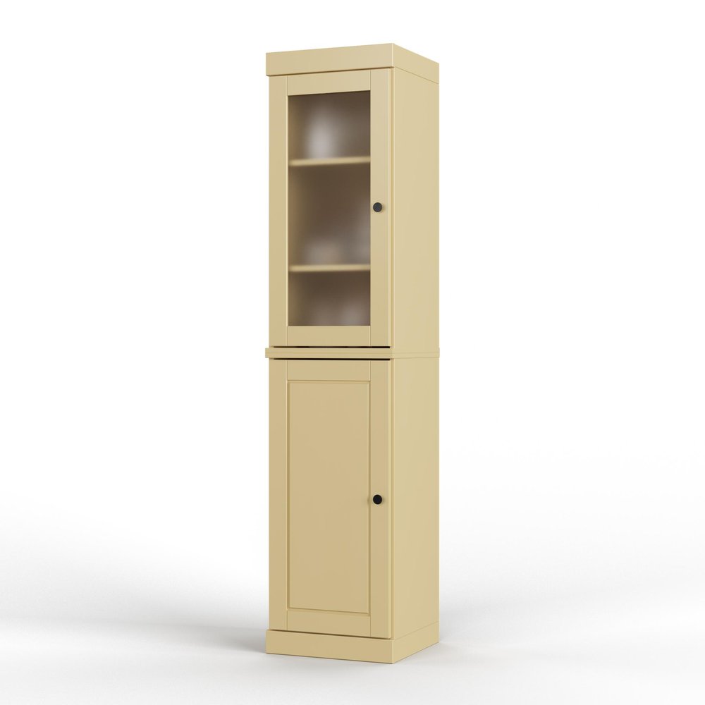 Tall yellow storage cabinet with a glass-door upper section and a solid door lower section on a white background.