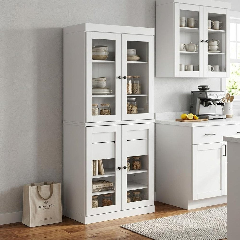 72" White Solid Wood Four Door Two Drawer Pantry Or Storage Closet