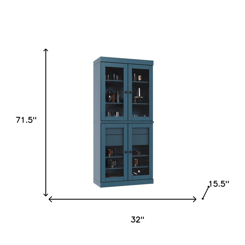 72" Teal Blue Solid Wood Four Door Two Drawer Pantry Or Storage Closet