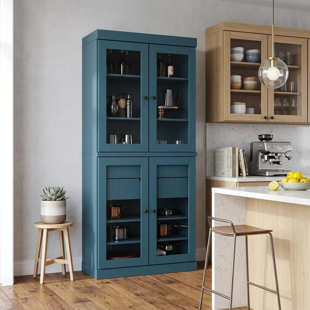72" Teal Blue Solid Wood Four Door Two Drawer Pantry Or Storage Closet