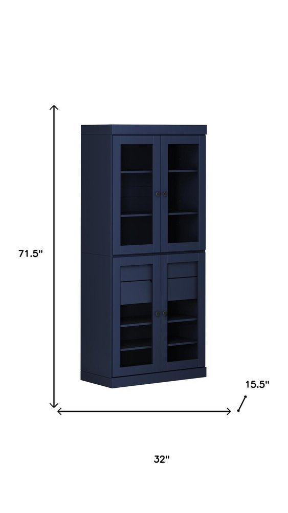 72" Navy Blue Solid Wood Four Door Two Drawer Pantry Or Storage Closet
