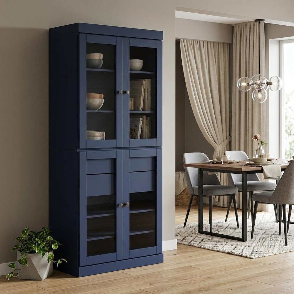 72" Navy Blue Solid Wood Four Door Two Drawer Pantry Or Storage Closet