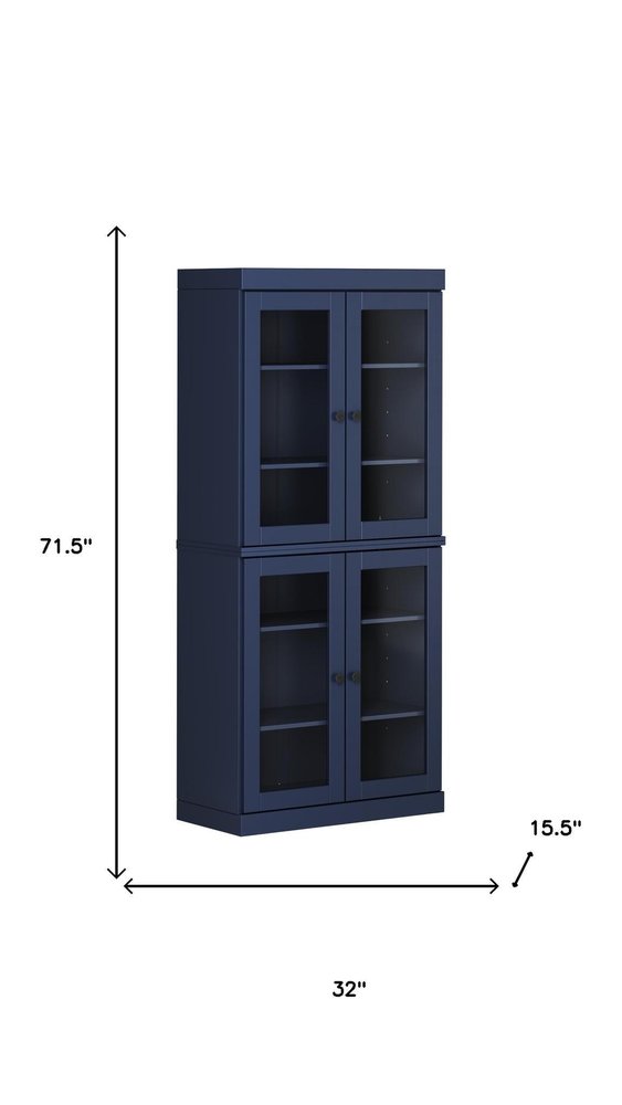 72" Navy Blue Solid Wood Four Door Pantry Or Storage Closet
