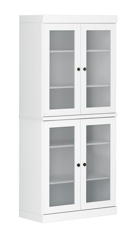 White solid wood four-door storage closet with glass doors and black knobs, shown against a white background.