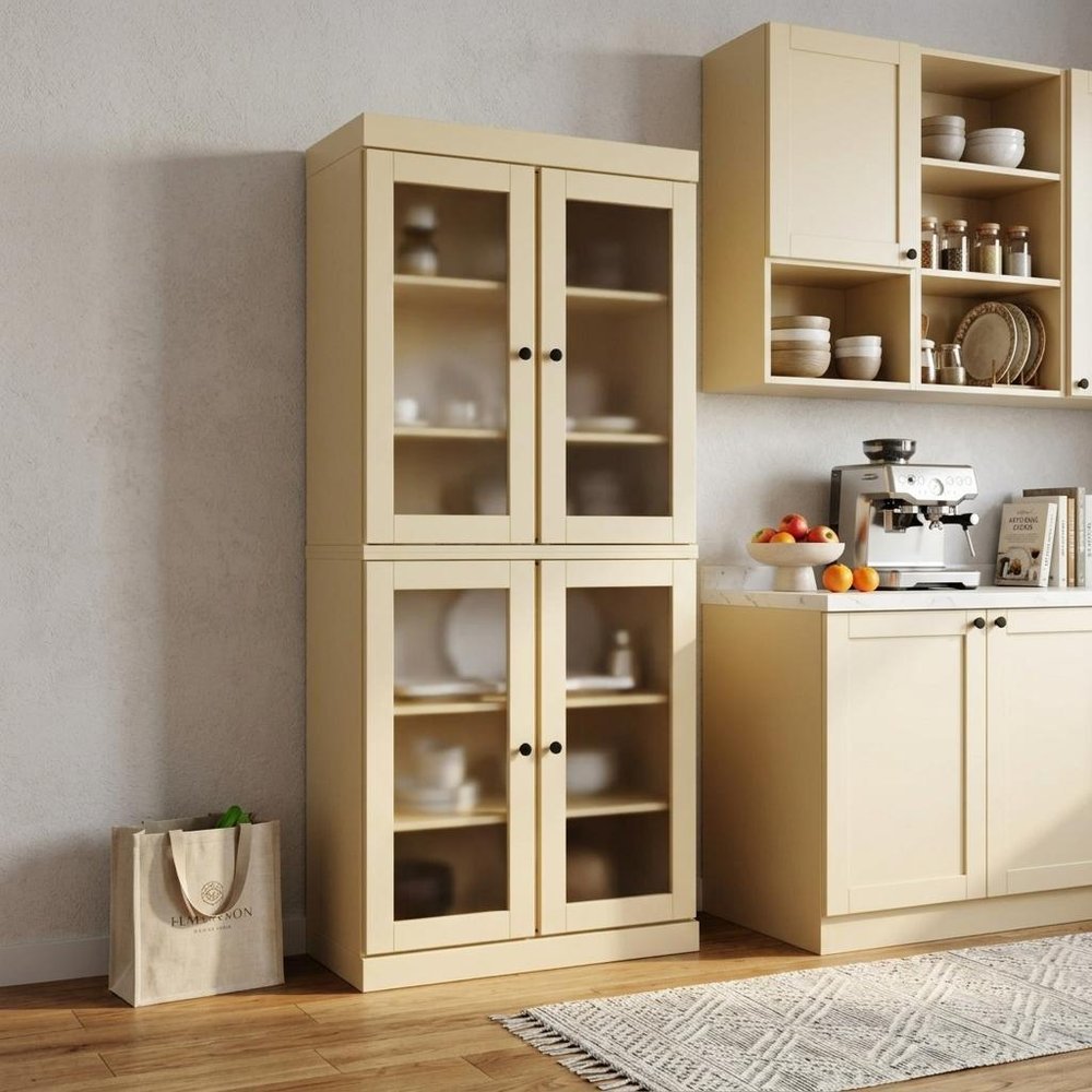 72" Yellow Solid Wood Four Door Pantry Or Storage Closet