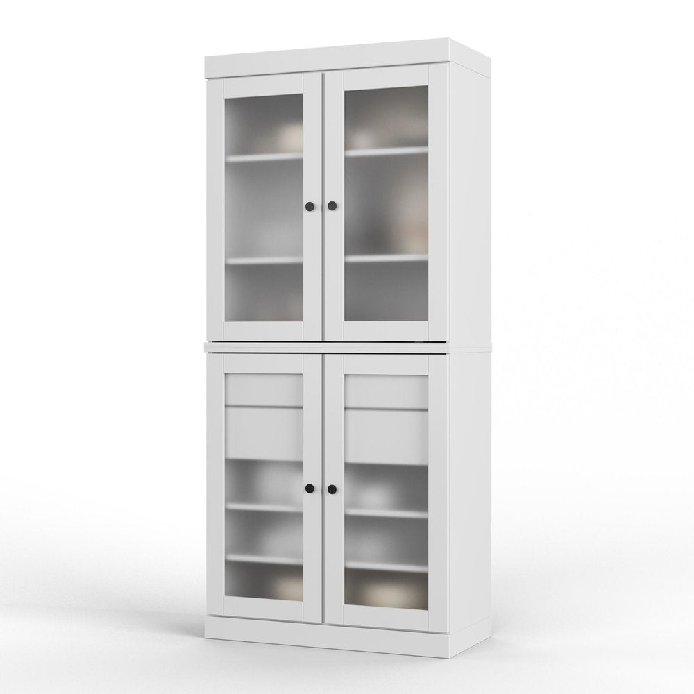 White solid wood storage closet with four glass doors and two drawers, shown against a white background.