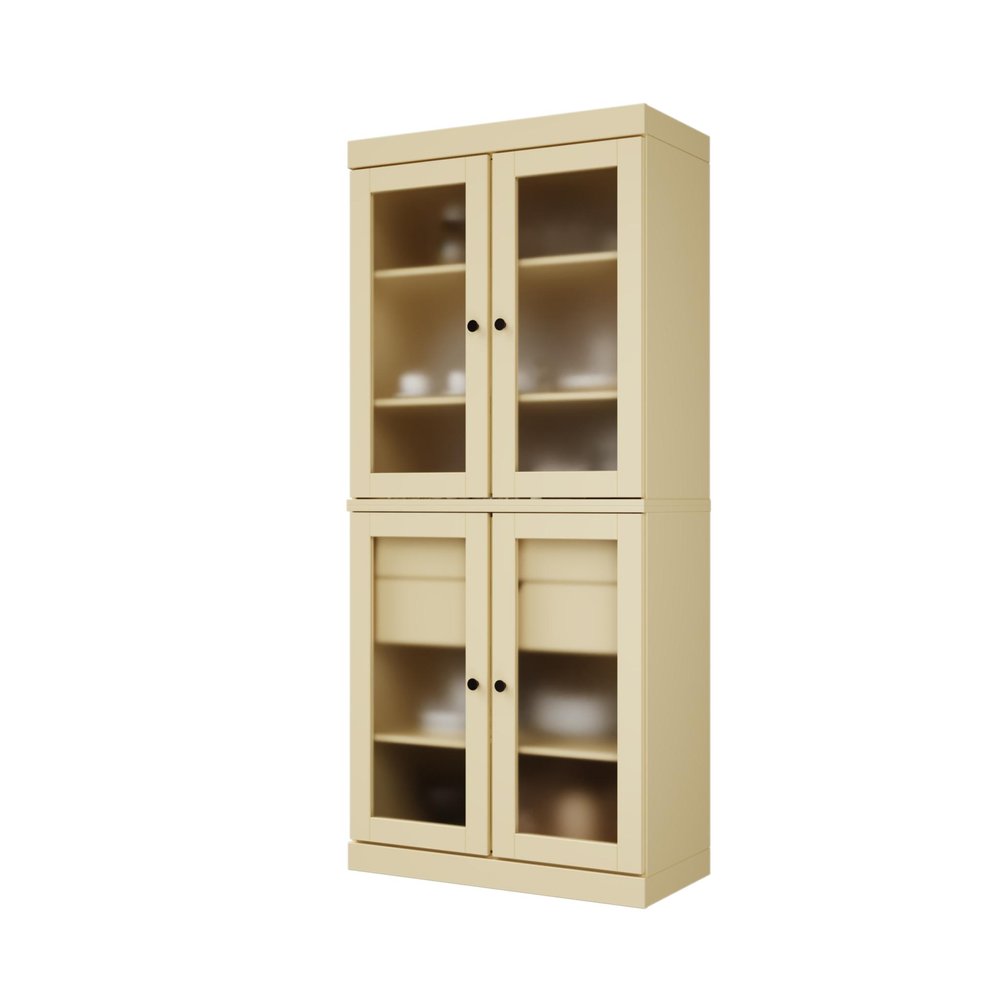 Yellow solid wood four-door storage cabinet with glass doors and two drawers on a white background.