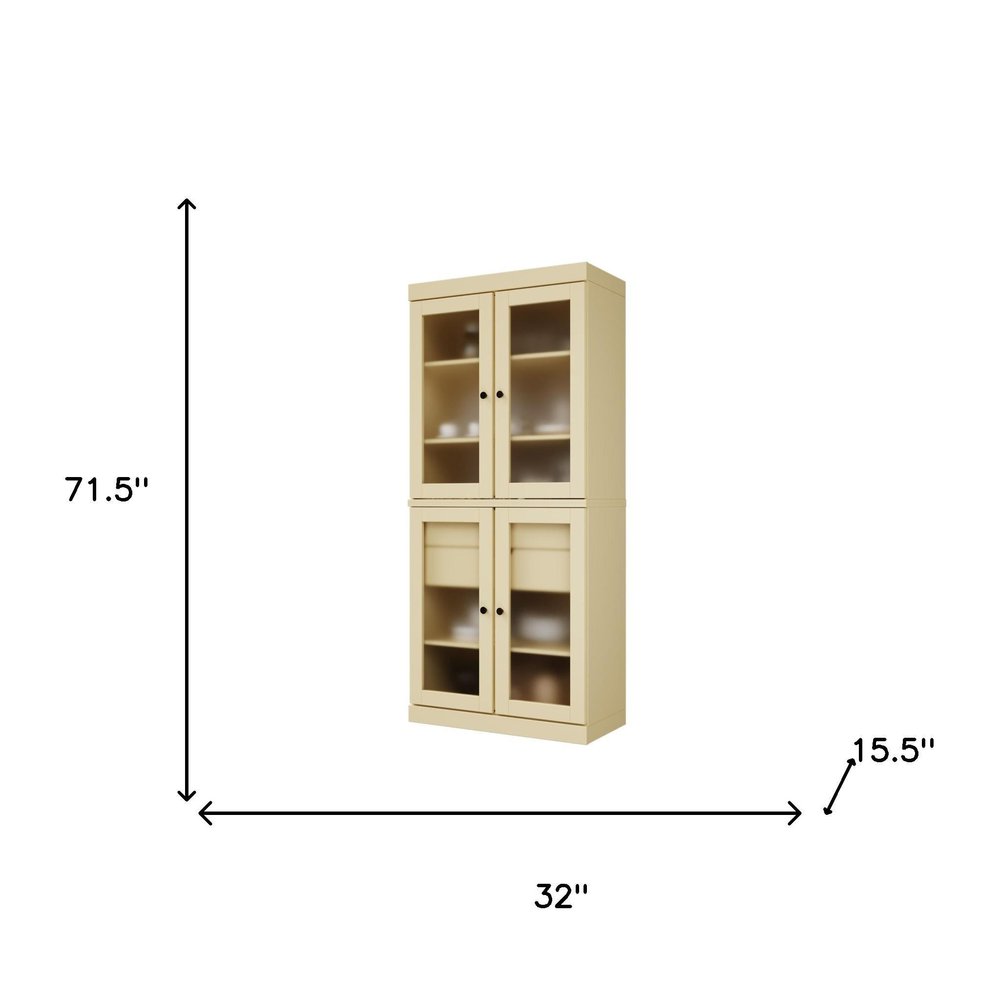 72" Yellow Solid Wood Four Door Two Drawer Pantry Or Storage Closet - with Four Adjustable Shelves