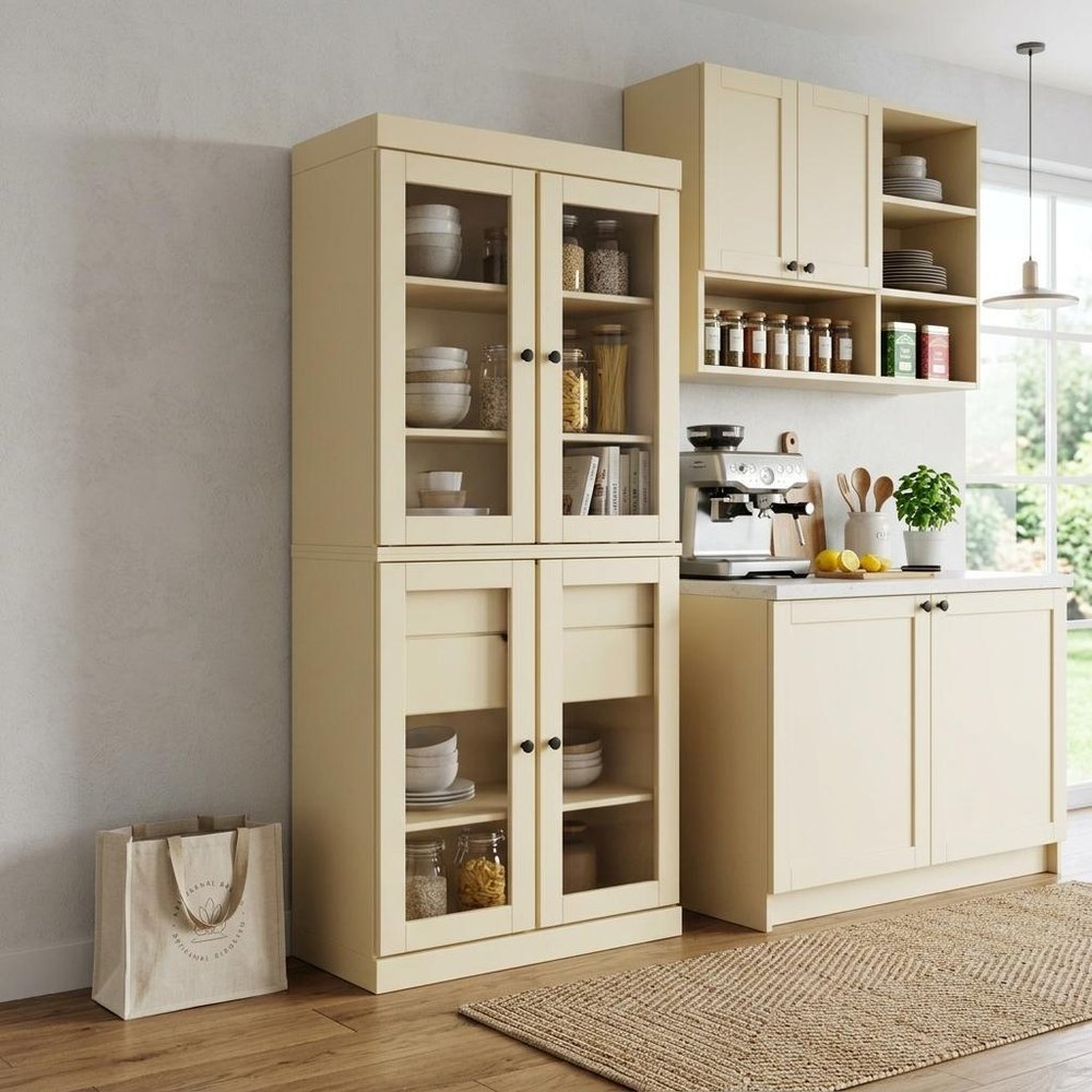 72" Yellow Solid Wood Four Door Two Drawer Pantry Or Storage Closet - with Four Adjustable Shelves