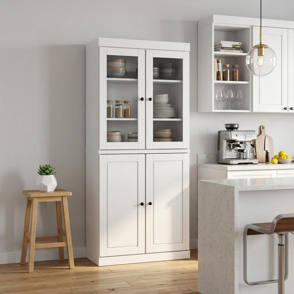 72" White Solid Wood Four Door Pantry Or Storage Closet
