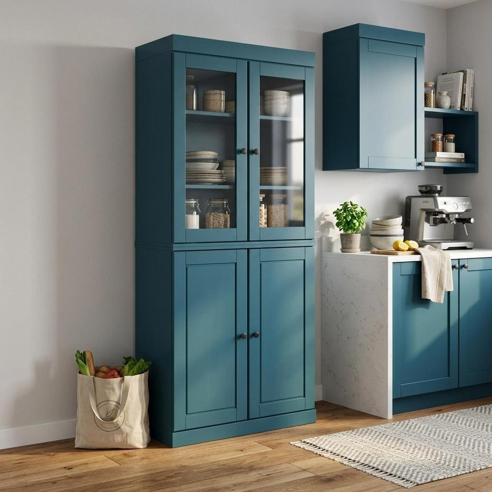 72" Teal Blue Solid Wood Four Door Pantry Or Storage Closet
