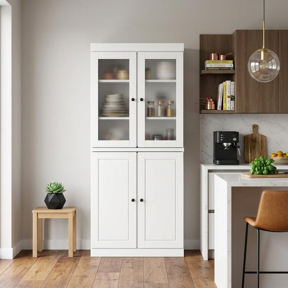 72" White Solid Wood Four Door Two Drawer Pantry Or Storage Closet