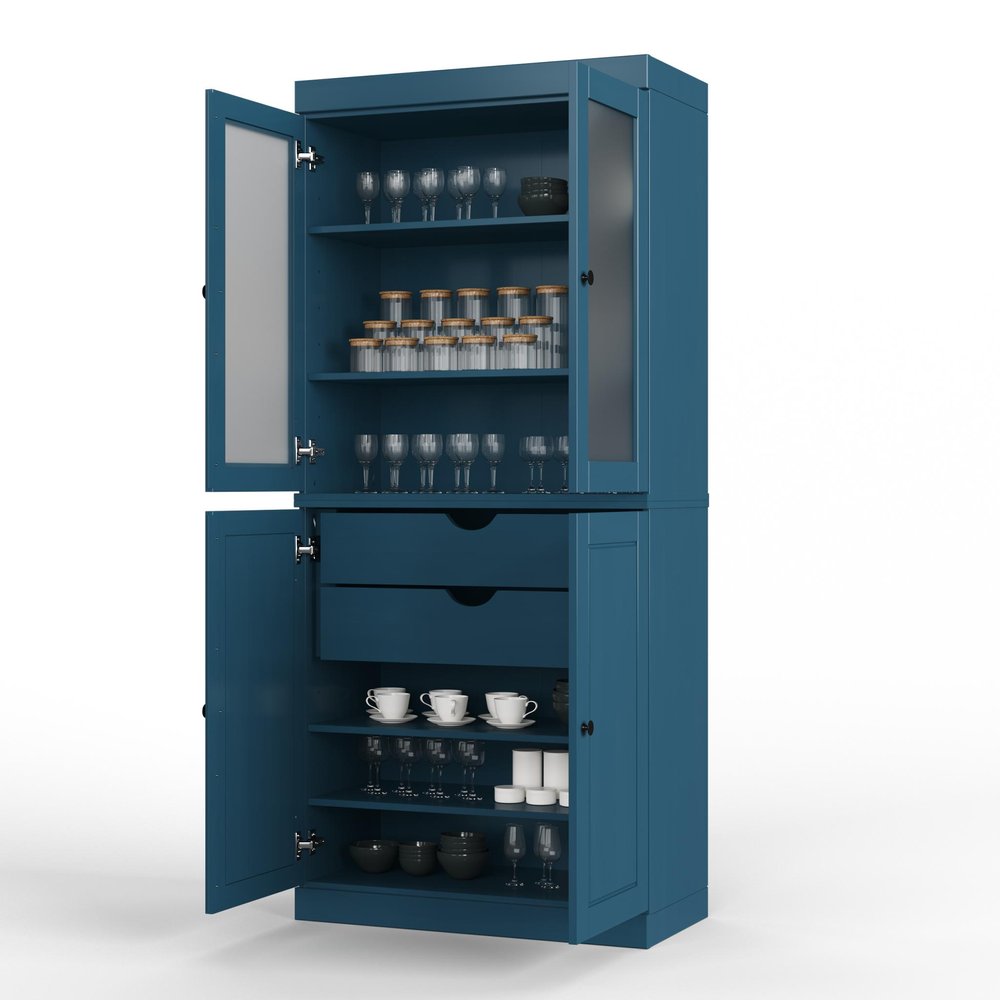 72" Teal Blue Solid Wood Four Door Two Drawer Pantry Or Storage Closet