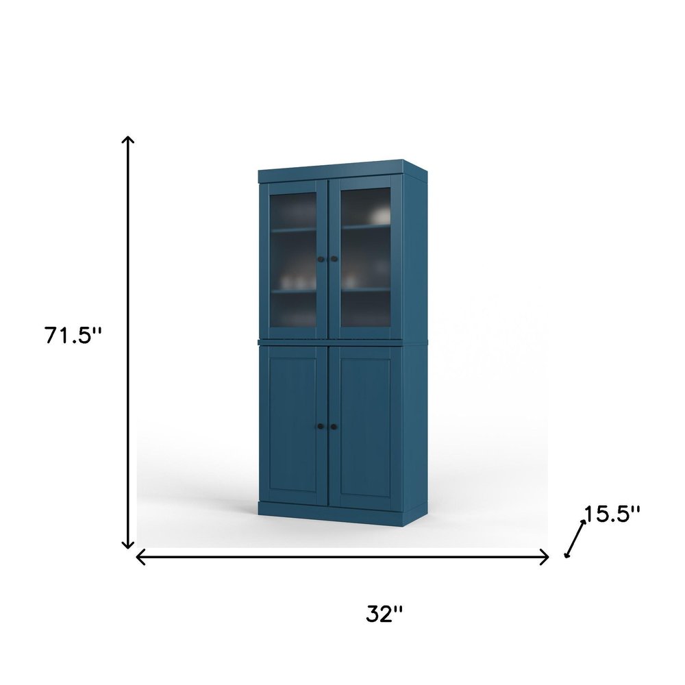 72" Teal Blue Solid Wood Four Door Two Drawer Pantry Or Storage Closet