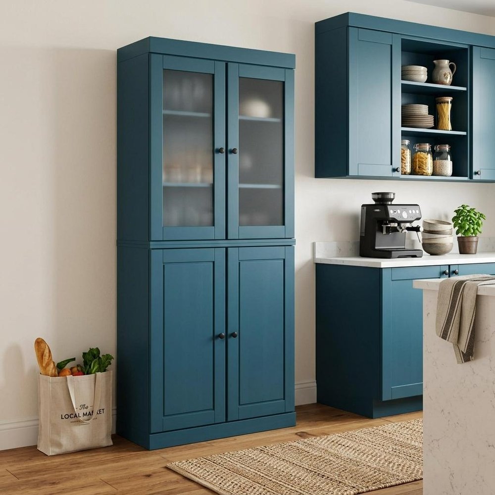 72" Teal Blue Solid Wood Four Door Two Drawer Pantry Or Storage Closet