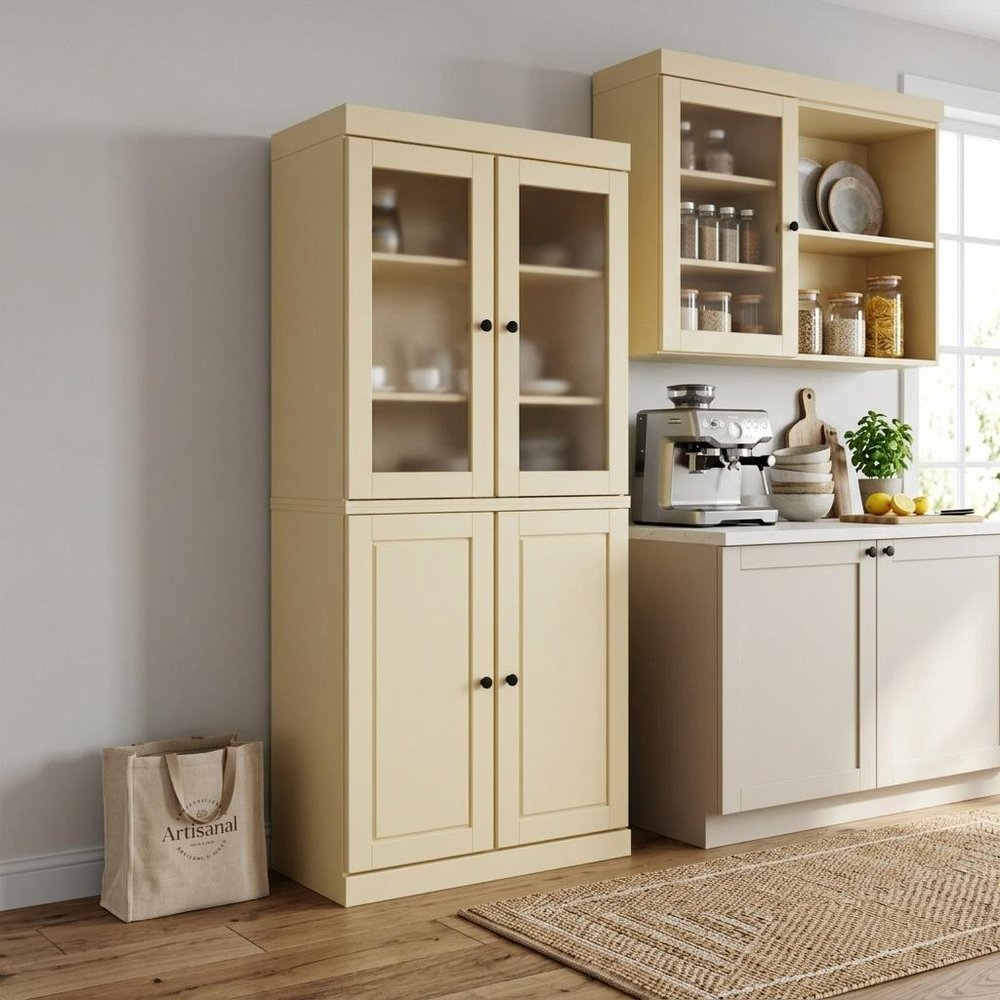 72" Yellow Solid Wood Four Door Two Drawer Pantry Or Storage Closet